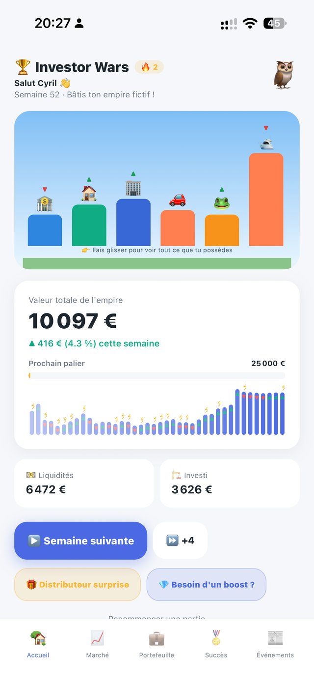 Écran d'accueil d'Investor Wars, mode clair : skyline de l'empire et valeur totale