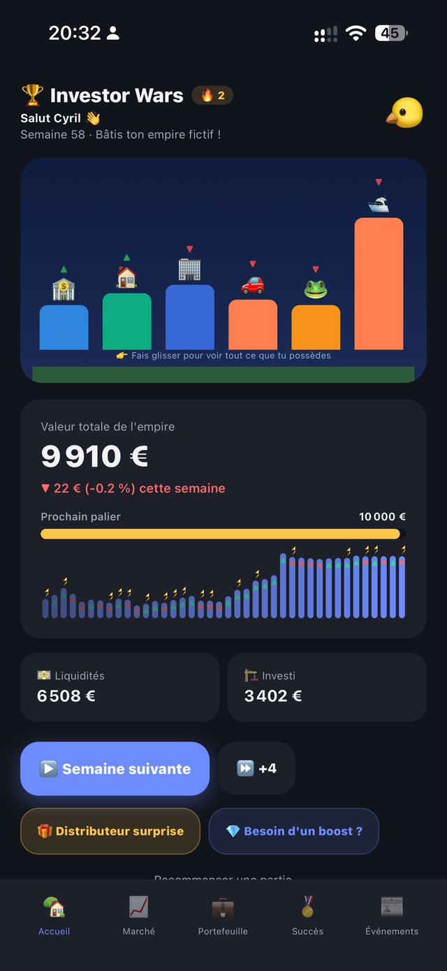 Écran d'accueil d'Investor Wars, mode sombre