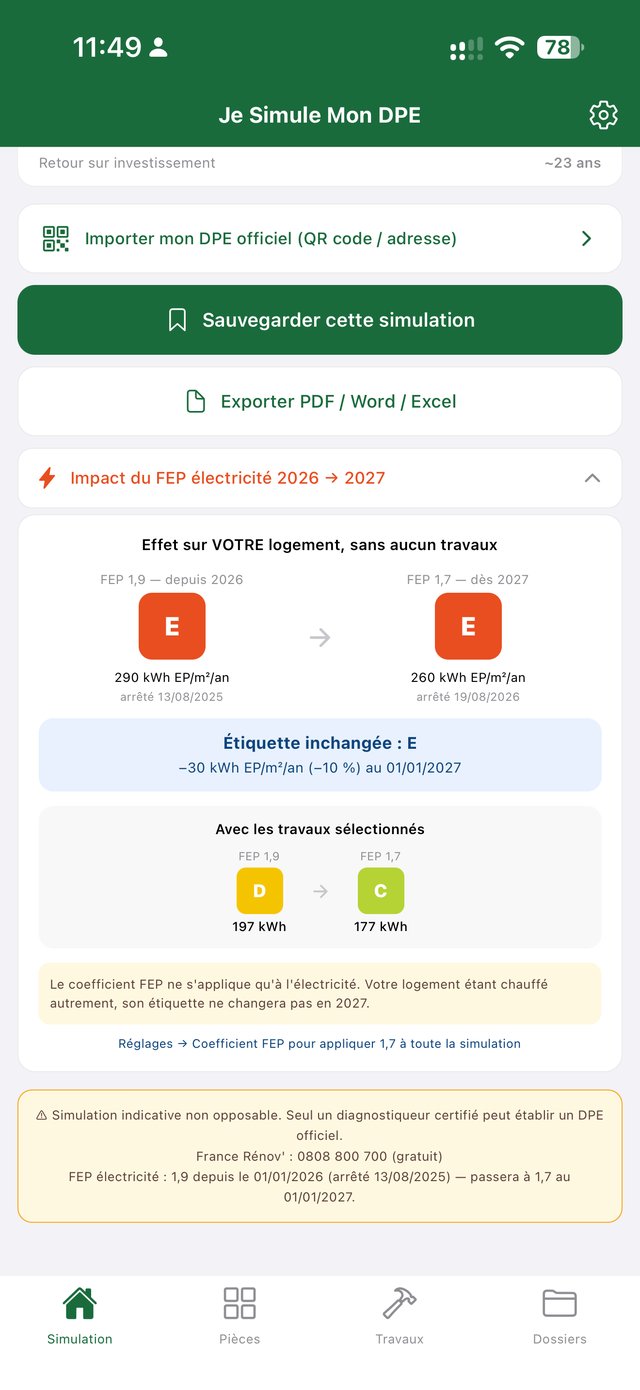Import du DPE officiel, sauvegarde, export et impact du changement de coefficient FEP 2026 → 2027