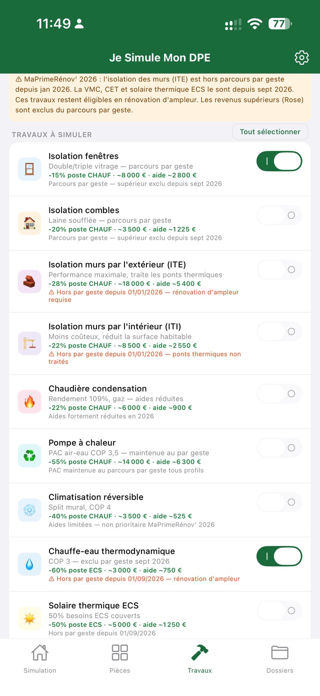 Liste des onze travaux simulables avec réduction, coût et aide MaPrimeRénov'