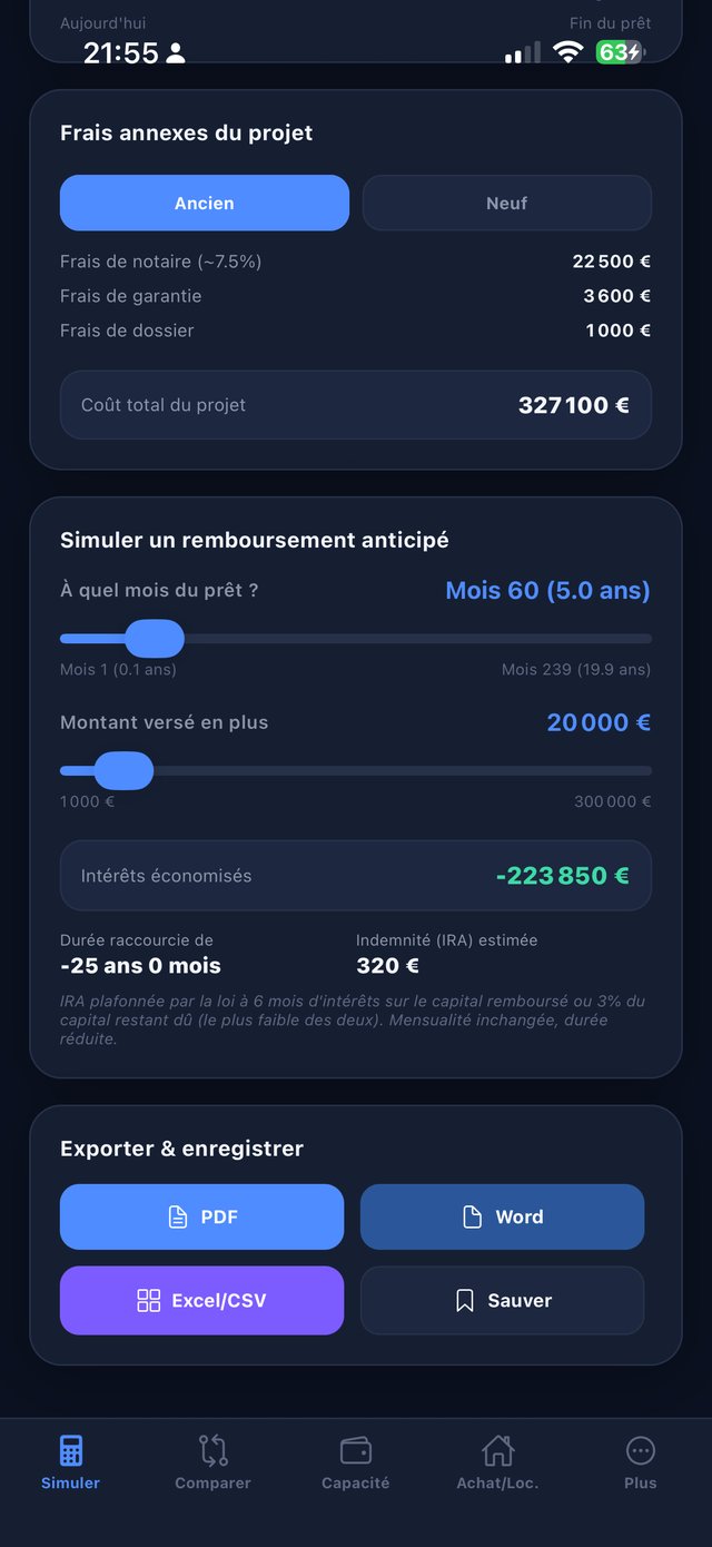 Simulation de remboursement anticipé et export PDF/Word/Excel