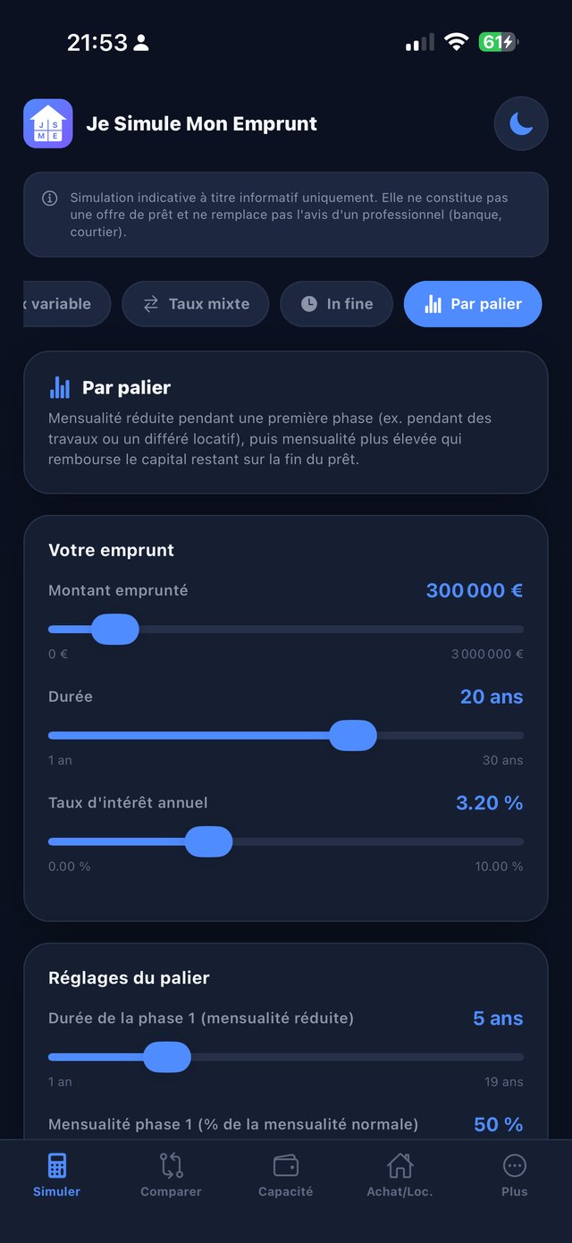 Écran Simuler : prêt par palier, montant, durée et taux d'intérêt