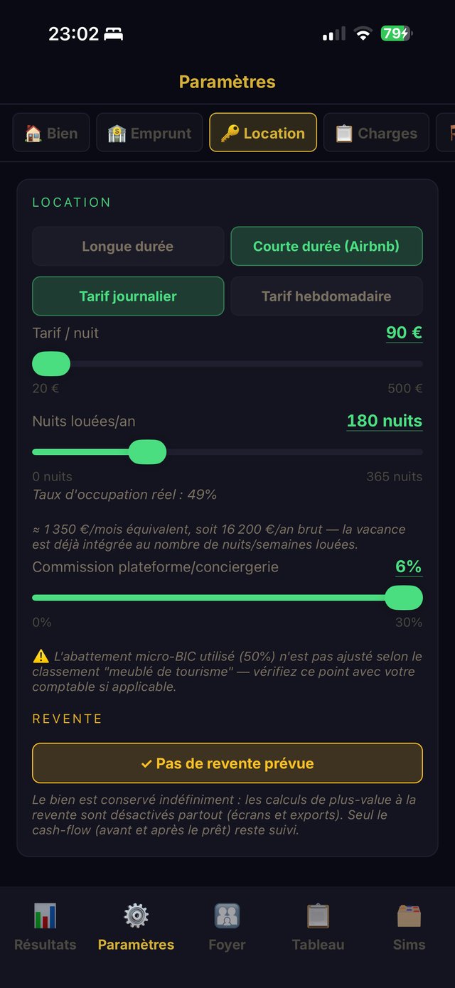 Paramètres de location courte durée type Airbnb : tarif par nuit, nuits louées, commission