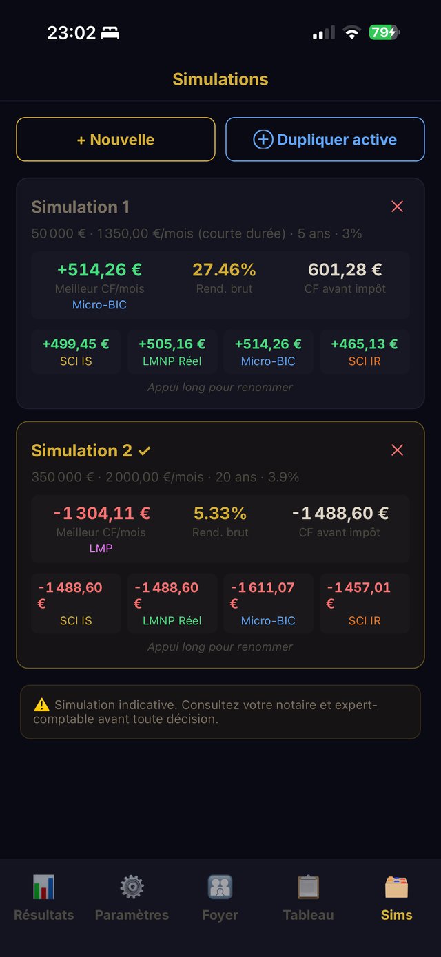Gestion de plusieurs simulations, comparées sur les 6 régimes fiscaux